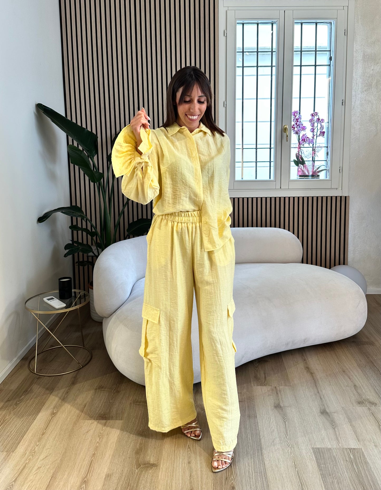 Pantalone misto lino giallo pastello