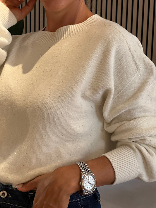 Maglia paricollo burro con paillettes