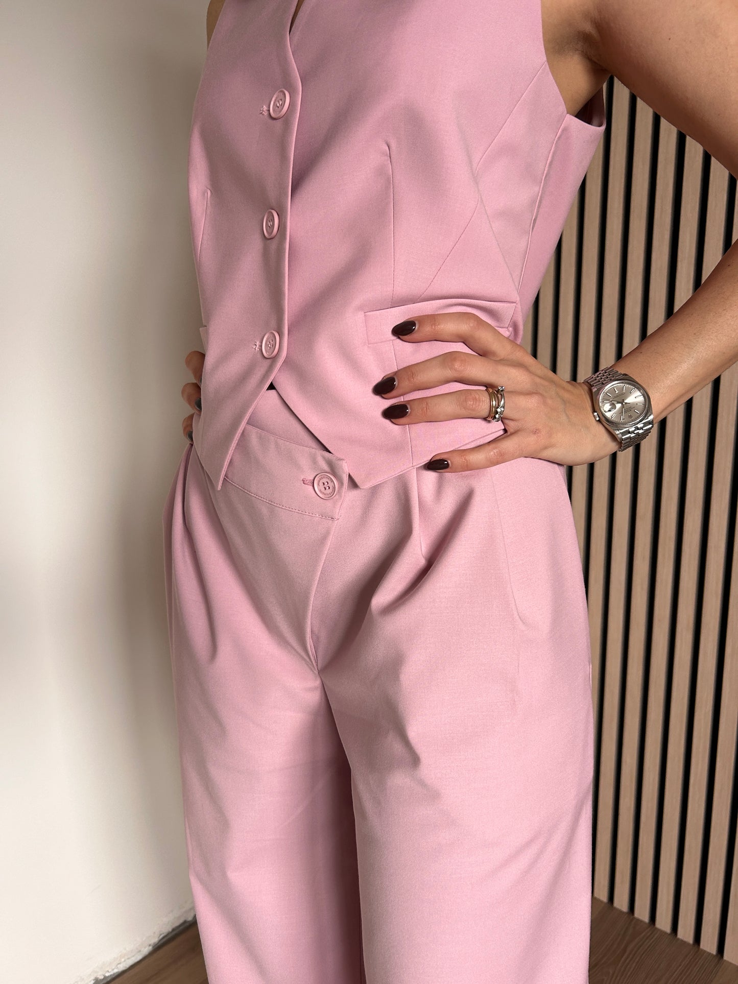 Pantalone largo in poliviscosa cipria