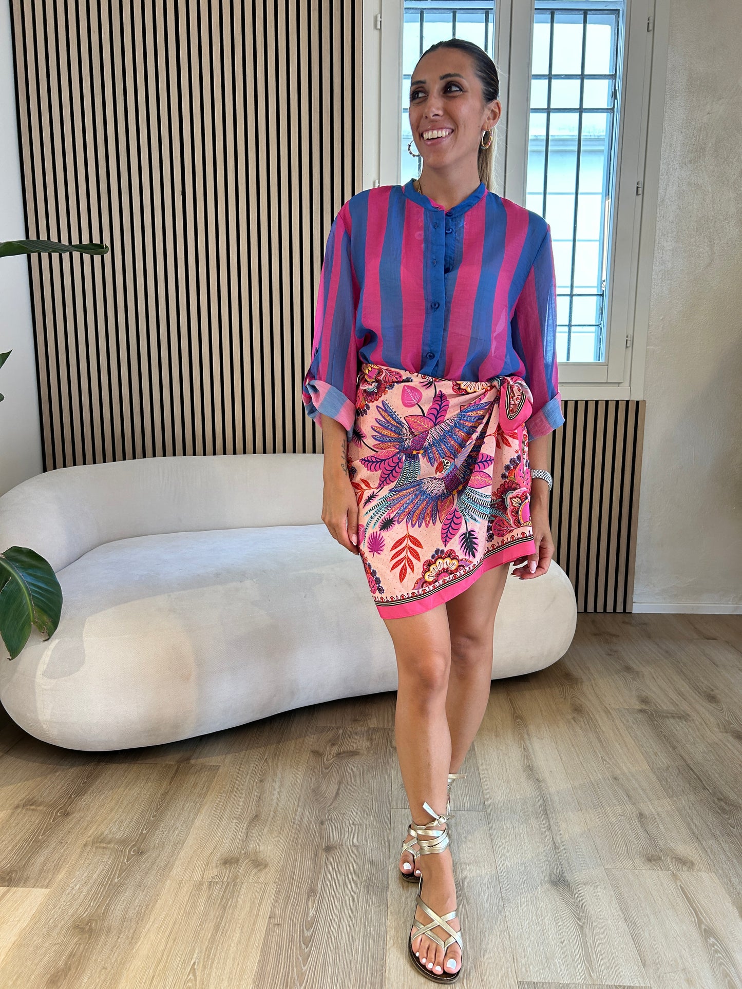 Camicia rigata azzurro/ fucsia