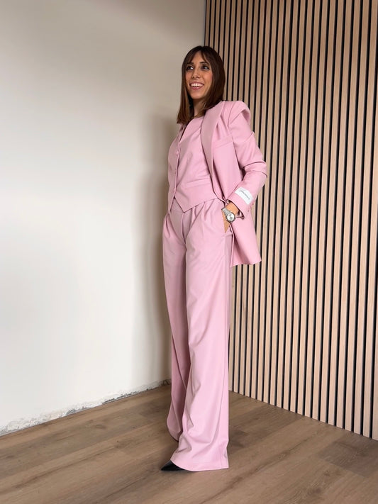 Pantalone largo in poliviscosa cipria