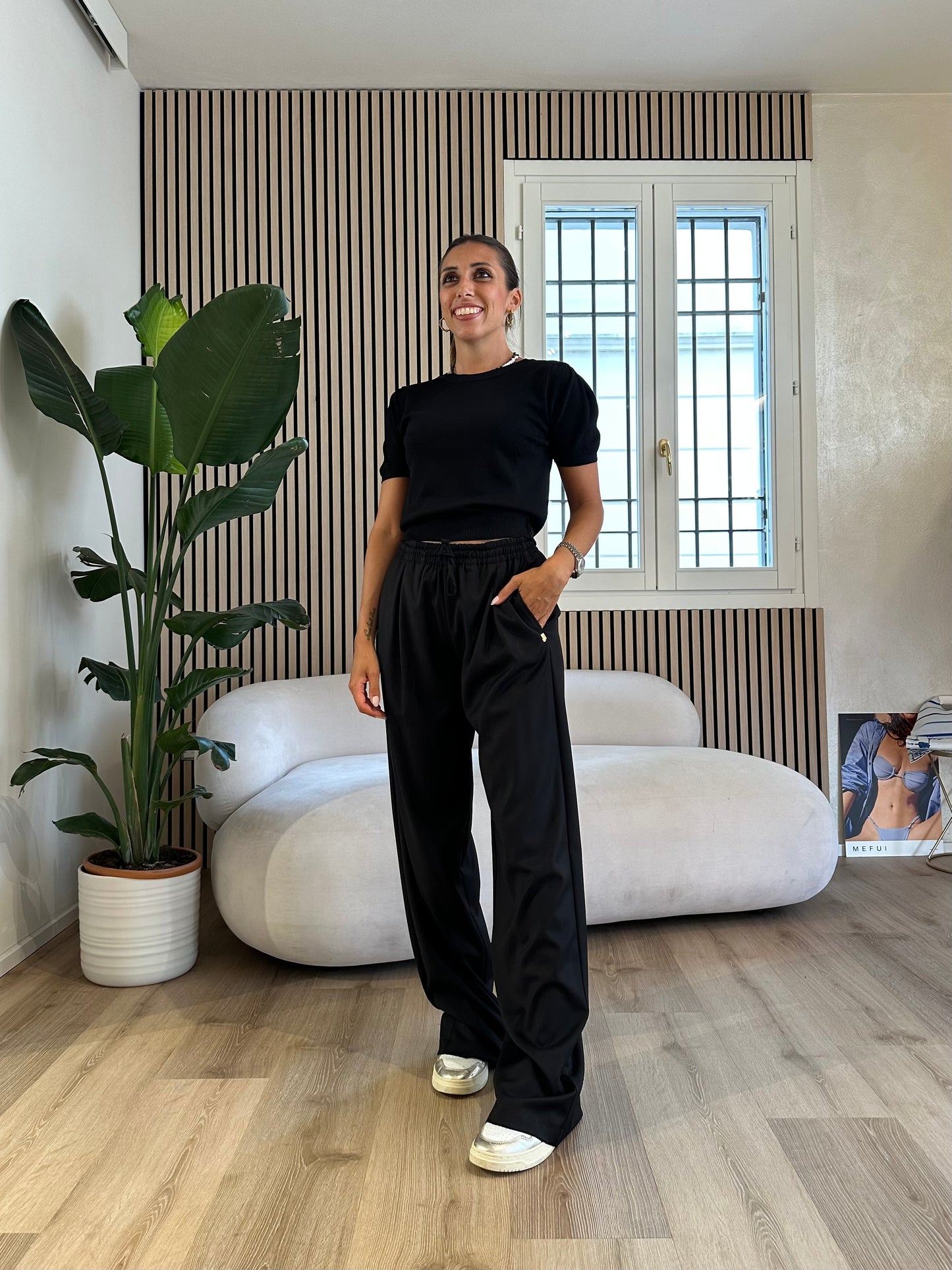 Pantalone over in twill con coulisse