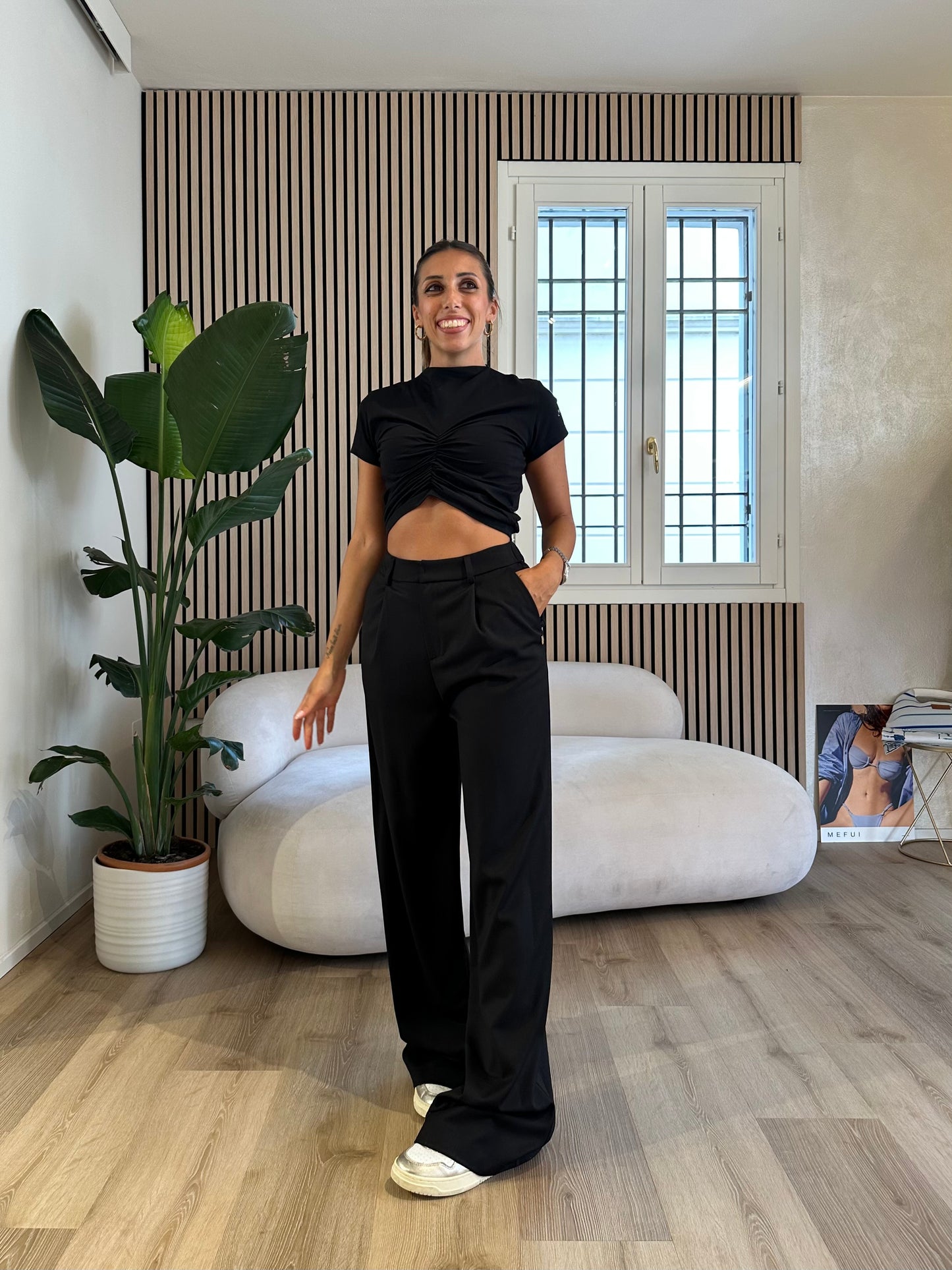 Pantalone over in twill con pences e elastico