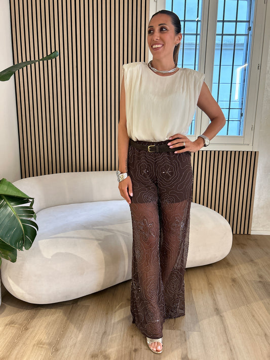 Pantalone ricamato caffè