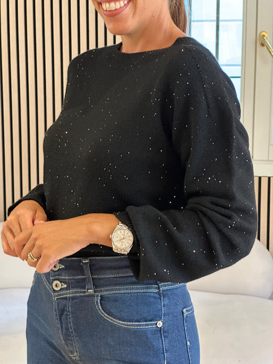 Maglia paricollo nera con paillettes