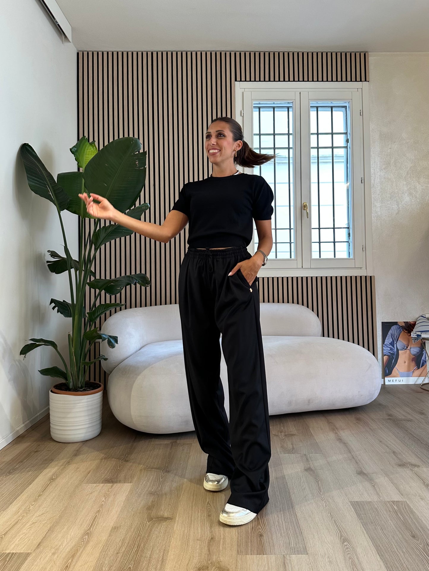 Pantalone over in twill con coulisse