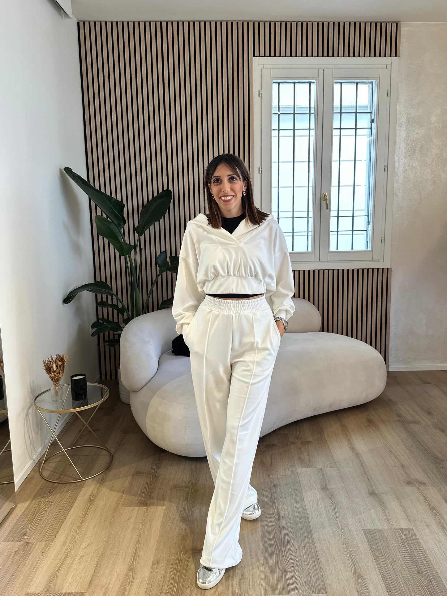 Pantalone vita alta in modal con nervature