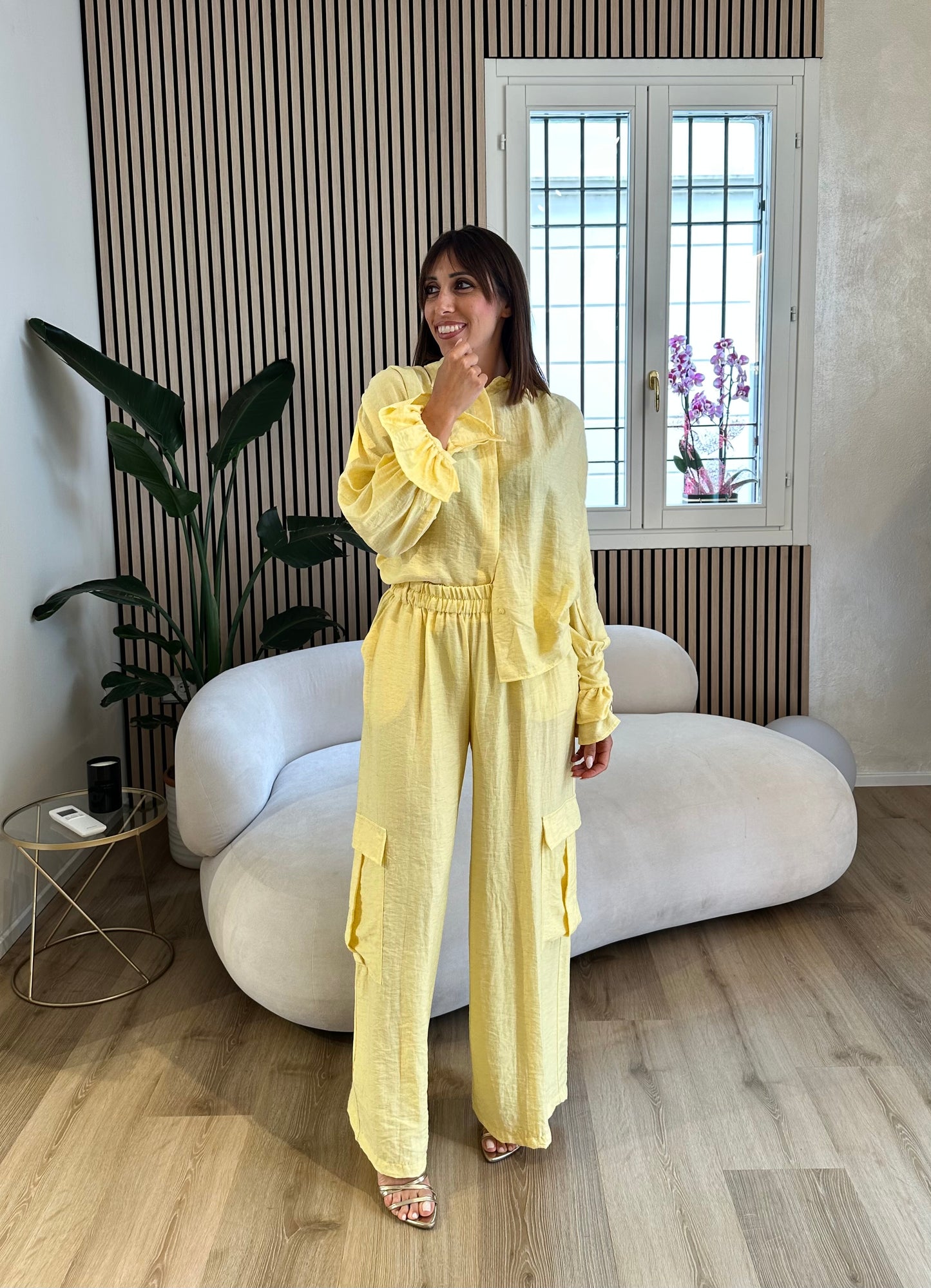 Pantalone misto lino giallo pastello