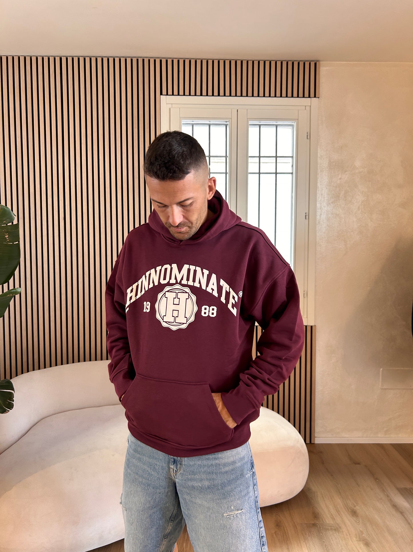 Felpa cappuccio uomo stampa college bordeaux