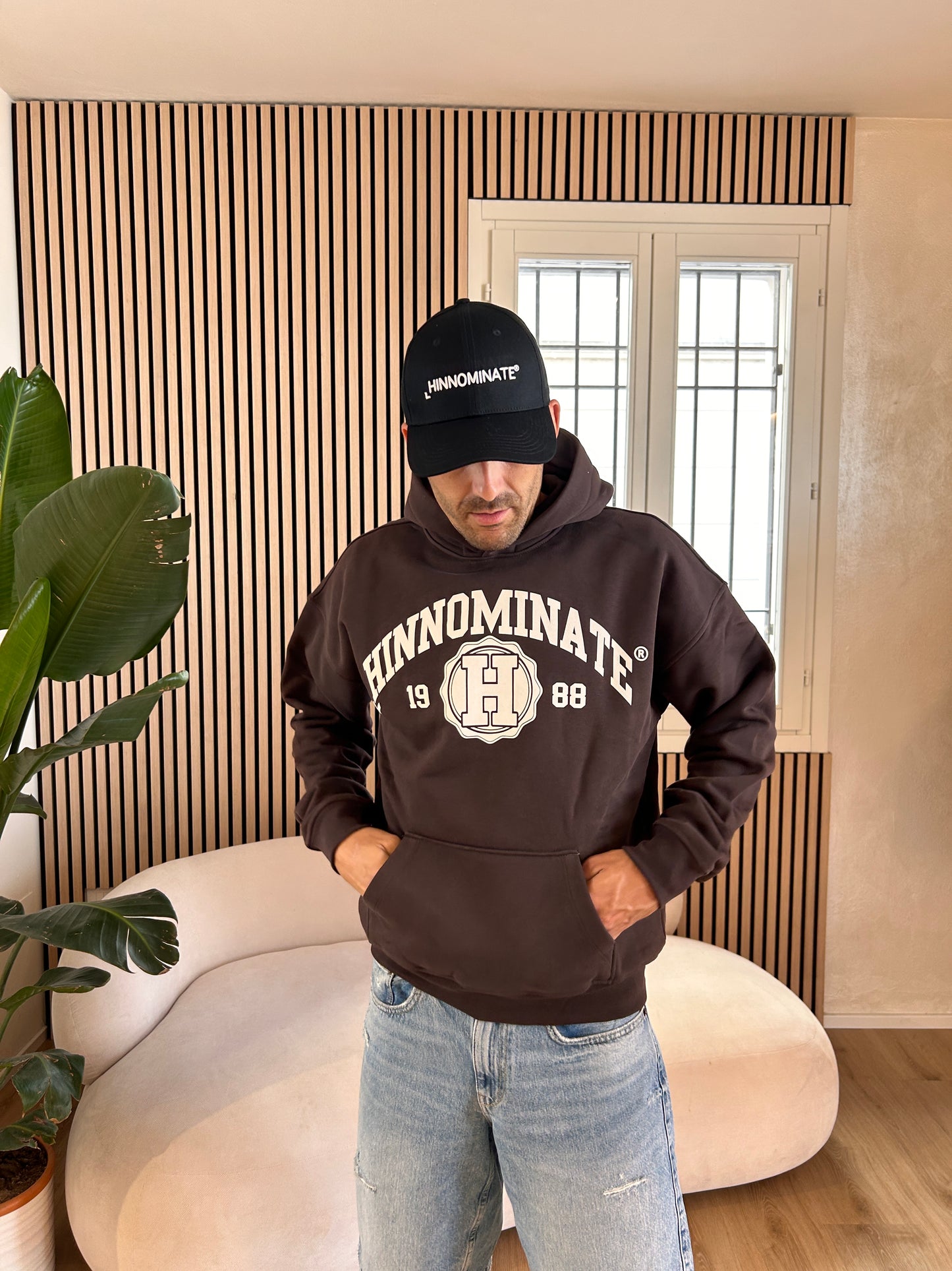 Felpa Uomo cappuccio stampa college moro