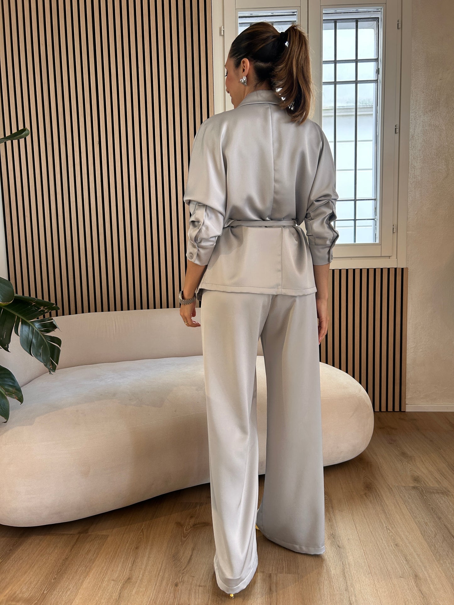 Giacca doppiopetto raso perla