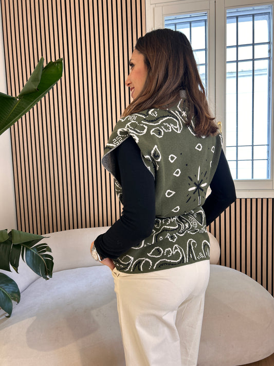 Gilet jacquard kaki panna nero