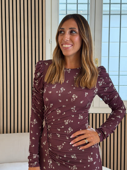 Abito midi con arricciatura laterale e bottoncini Bordeaux