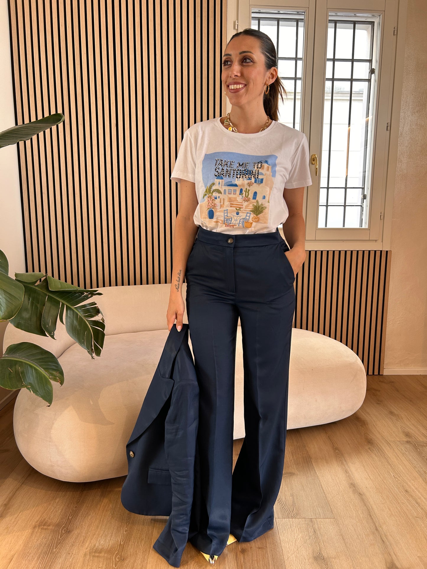 Pantalone misto lino blu