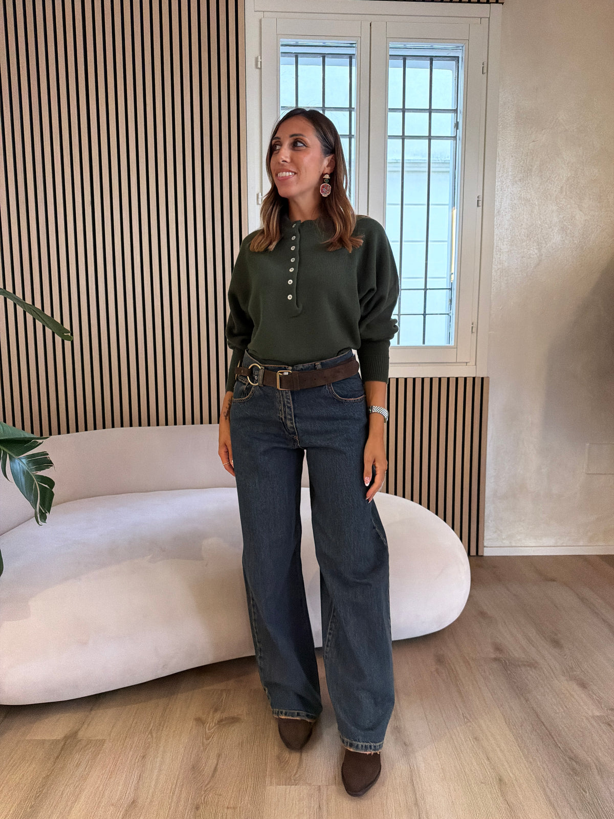 Girocollo bottoni 100% lana khaki