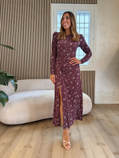 Abito midi con arricciatura laterale e bottoncini Bordeaux