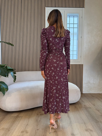 Abito midi con arricciatura laterale e bottoncini Bordeaux