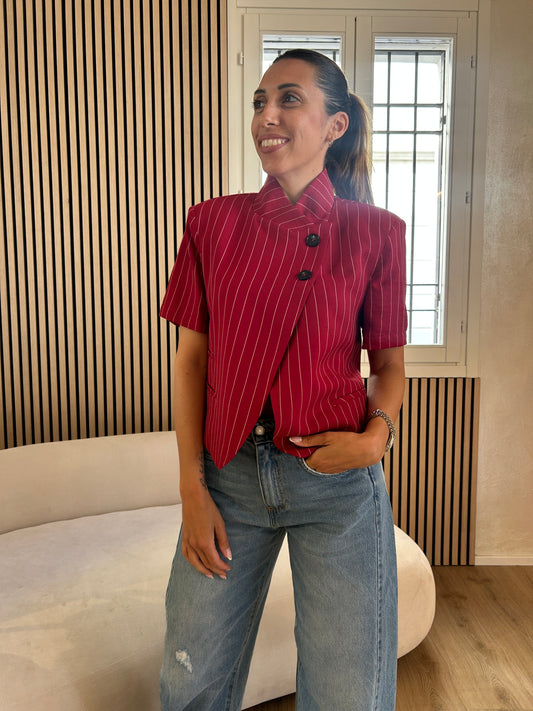 Giacca mezza manica collo coreana rossa gessata