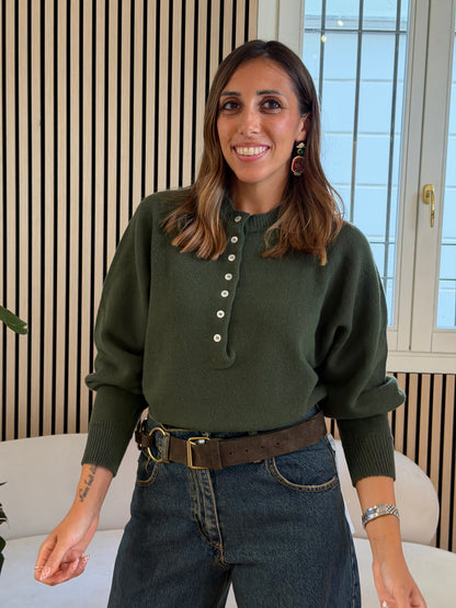 Girocollo bottoni 100% lana khaki