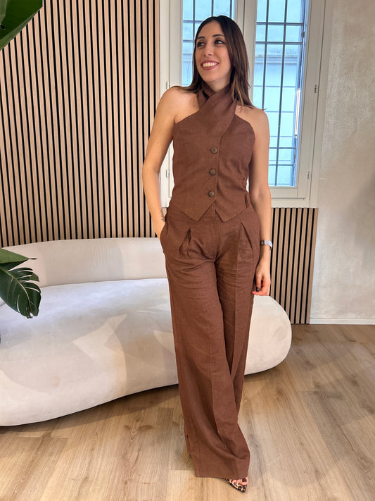 Pantalone a palazzo lino moka