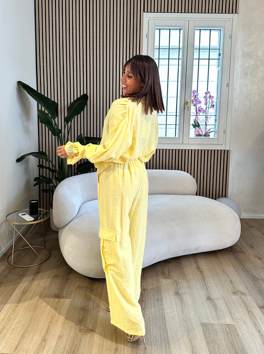 Pantalone misto lino giallo pastello