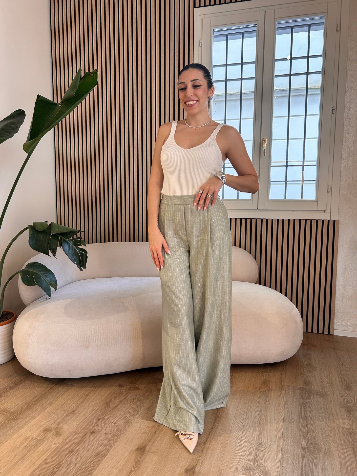 Pantalone gessato micro paillettes