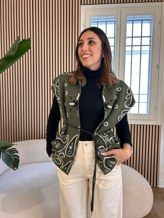 Gilet jacquard kaki panna nero