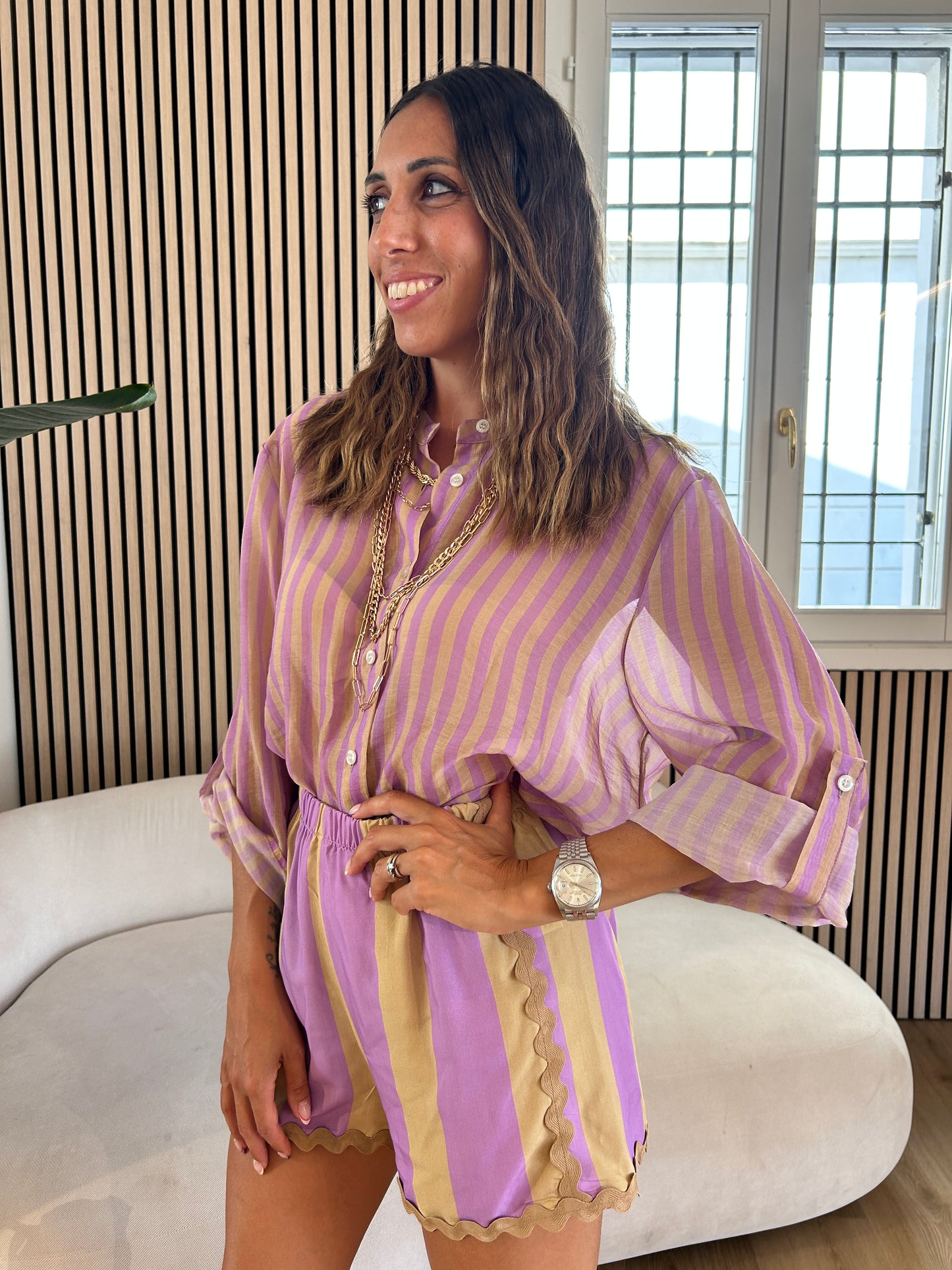Camicia righe lilla e beige