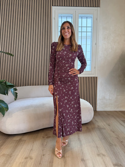 Abito midi con arricciatura laterale e bottoncini Bordeaux