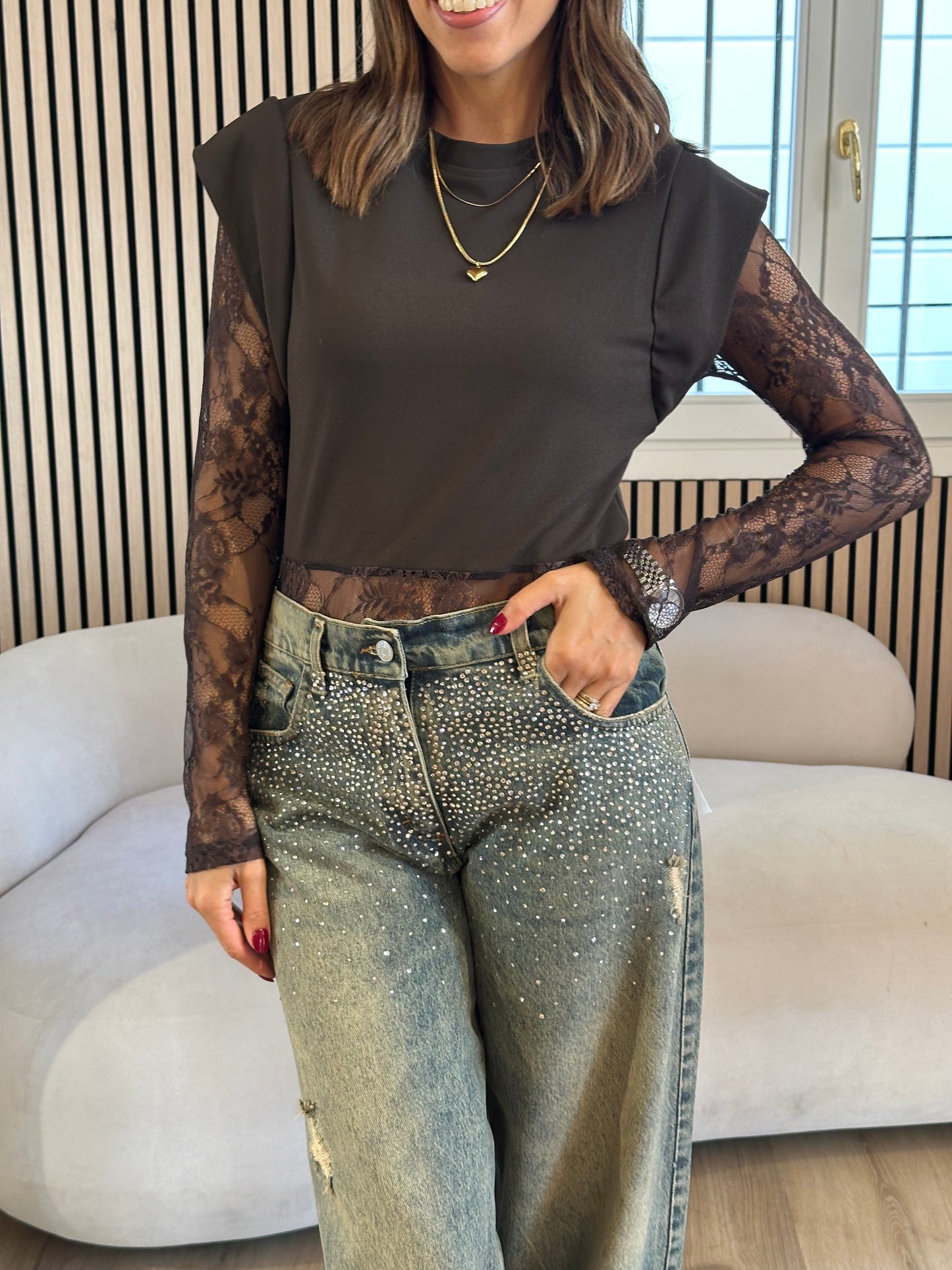 Body manica in pizzo moro