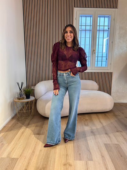 Maglia crop pizzo manica sbuffo