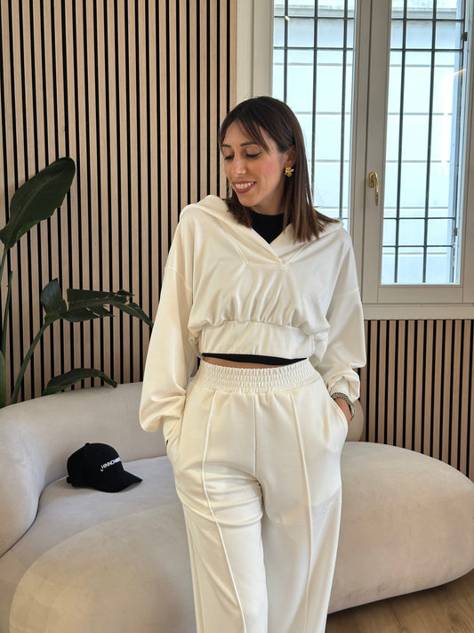 Felpa in modal scollo V con cappuccio off white
