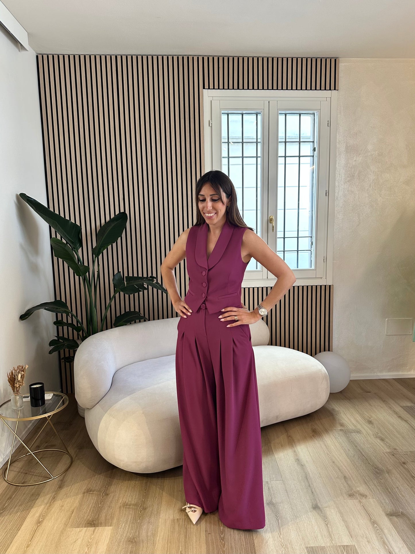 Pantalone vita alta magenta