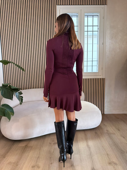 Abito corto accollato con balza bordeaux