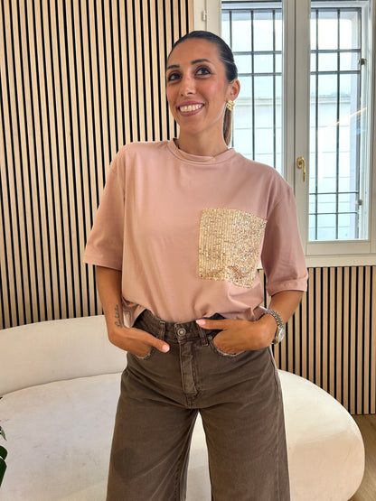 T-shirt tasca paillettes rosa