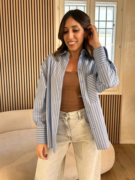 Camicia rigata celeste e tabacco
