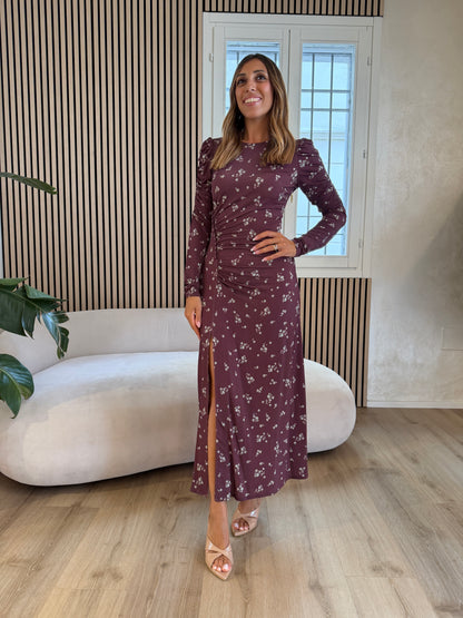 Abito midi con arricciatura laterale e bottoncini Bordeaux