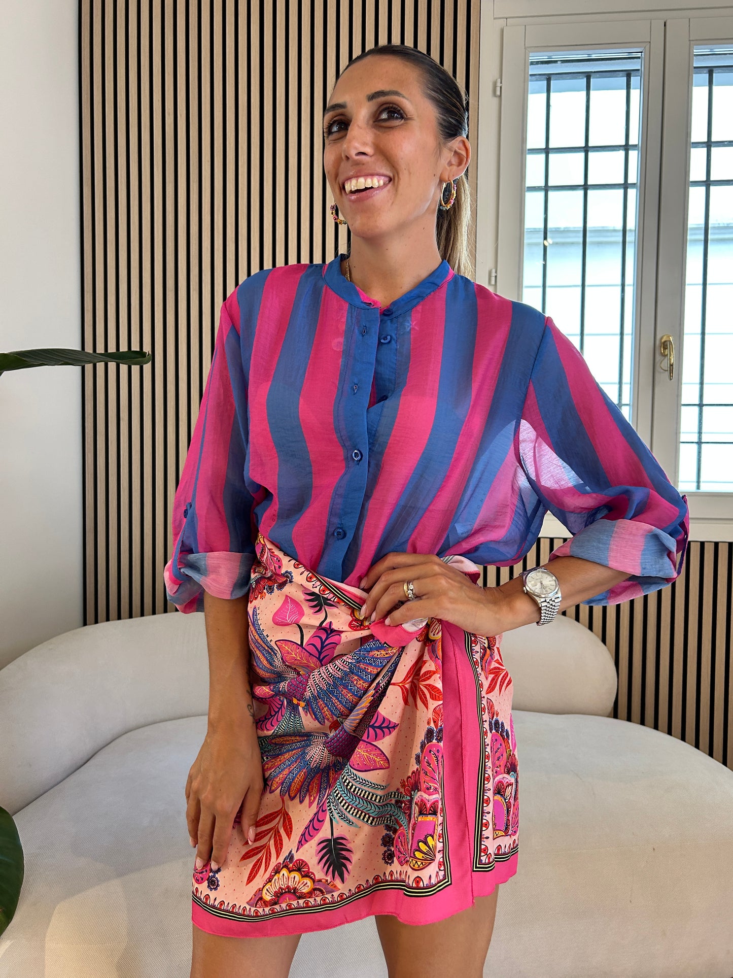 Camicia rigata azzurro/ fucsia
