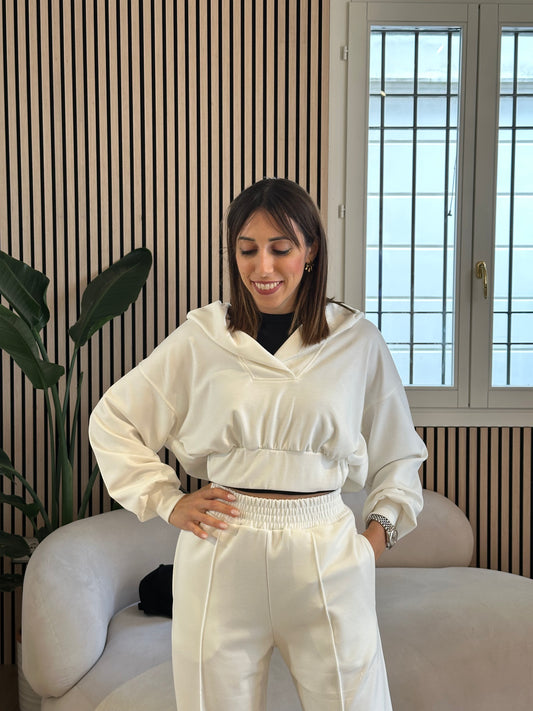 Felpa in modal scollo V con cappuccio off white