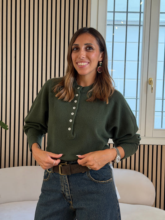 Girocollo bottoni 100% lana khaki