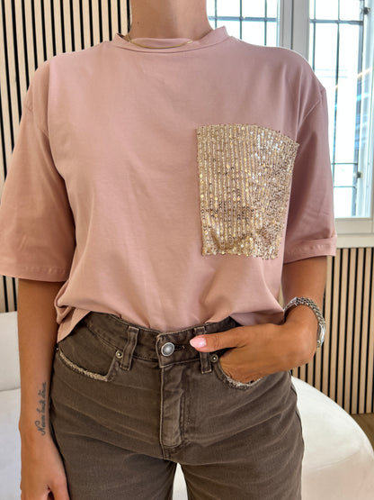 T-shirt tasca paillettes rosa