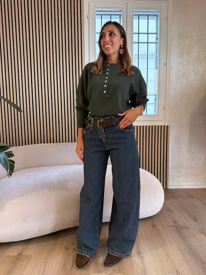Girocollo bottoni 100% lana khaki