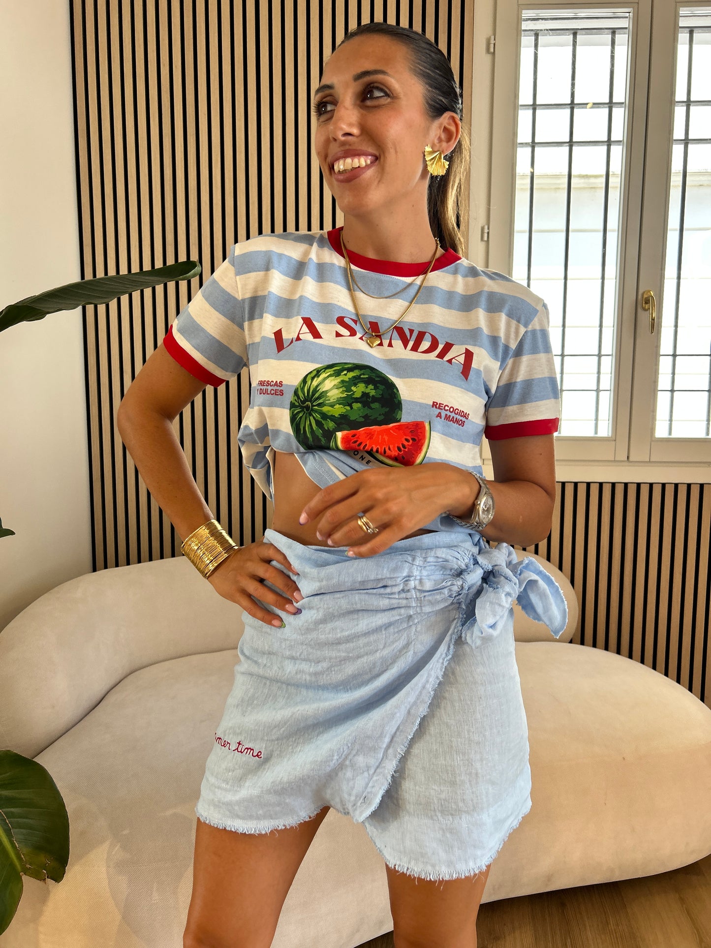Minigonna pareo 100% Lino azzurra
