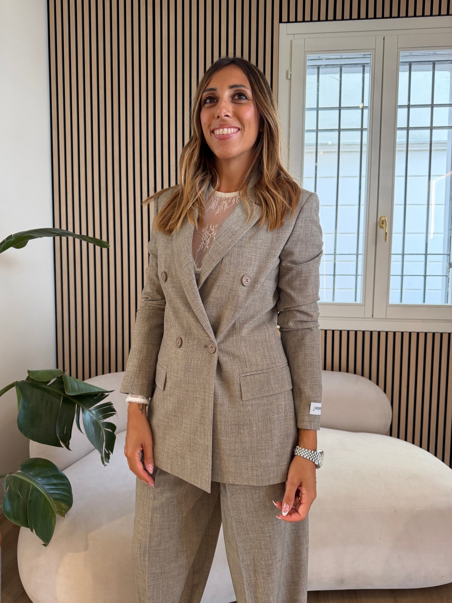 Blazer doppiopetto beige in poliviscosa