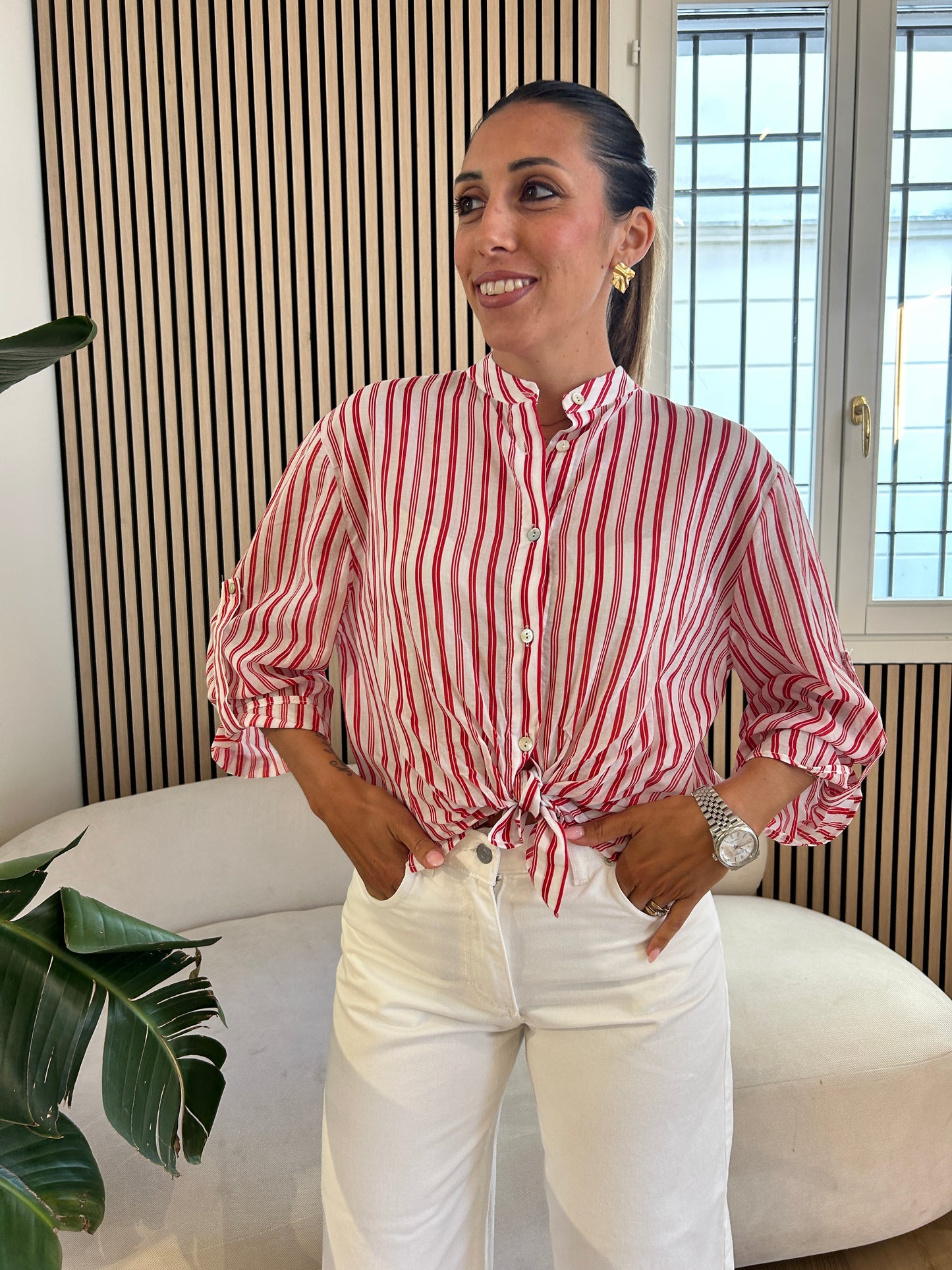 Camicia coreana gessata rossa