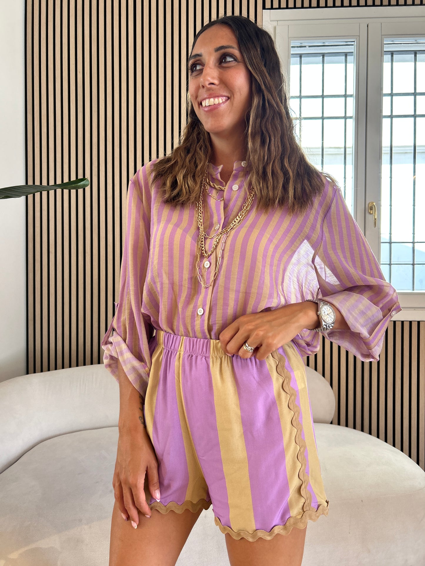 Camicia righe lilla e beige