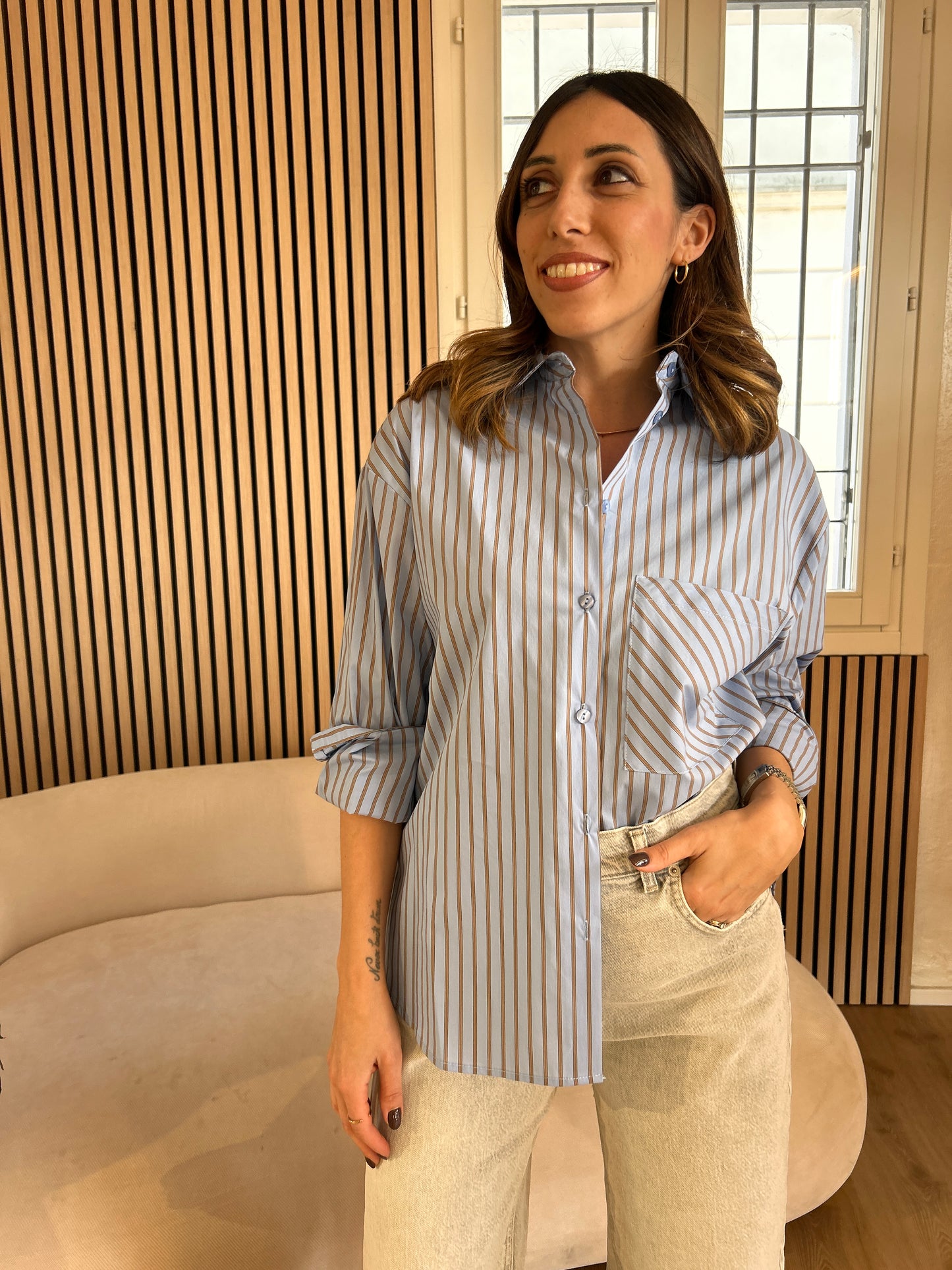 Camicia rigata celeste e tabacco