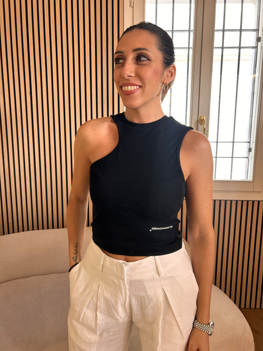 Top in costina con apertura Nero