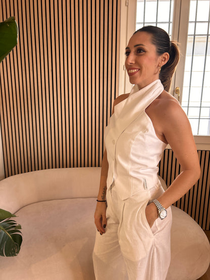Top in lino incrocio bianco