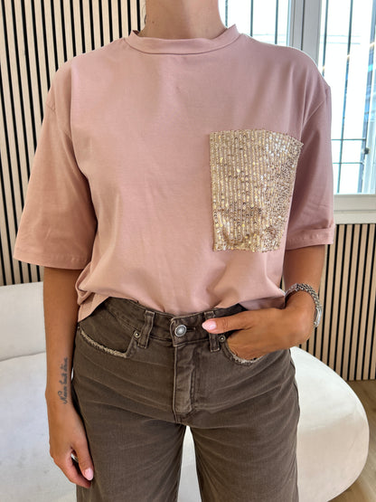 T-shirt tasca paillettes rosa